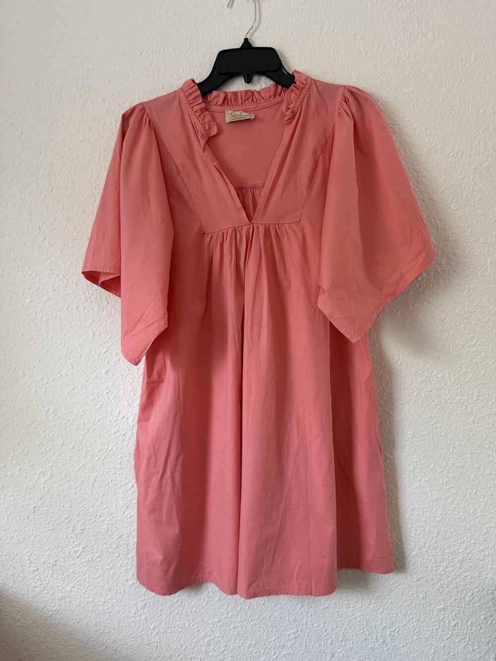 Sofia Made in Italy M or L Coral Ruffle Neck Babydoll Puffed Sleeves Mini Dress